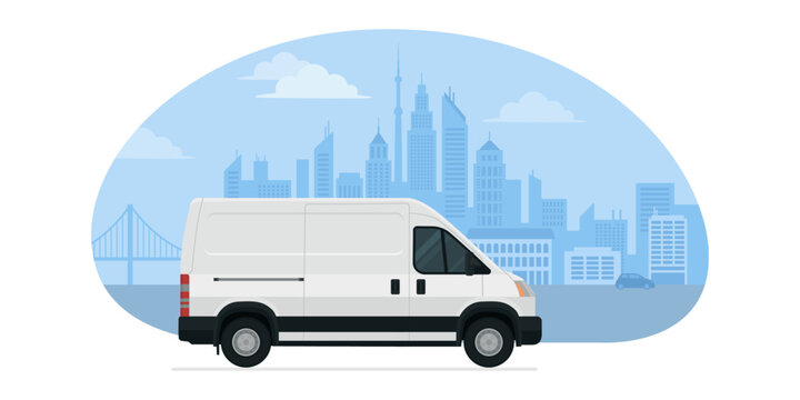 Delivery van and city skyline in the background