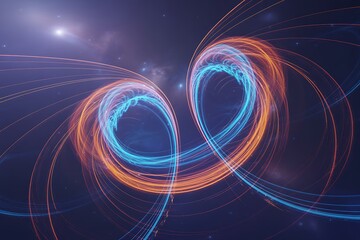 Abstract glowing swirl artwork with blue and orange light trails creates a dynamic futuristic design, perfect for backgrounds.