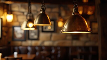 Obraz premium Soft golden light from rustic ceiling lamps, creating a cozy atmosphere with a softly blurred, out-of-focus background.