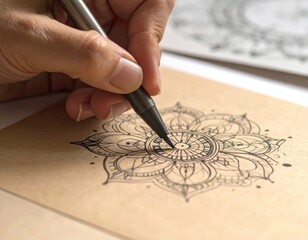 A person drawing a detailed mandala on kraft paper