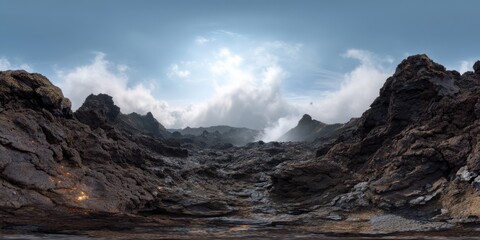Lava flow eruption volcanic landscape hdr panorama dramatic environment 360 degrees view