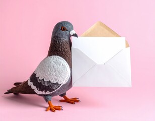 A stylized pigeon holds a white envelope against a pink backdrop
