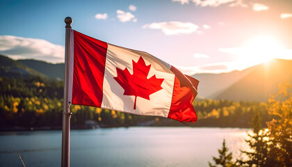 Canadian Flag at Sunset Over Mountains and Lake