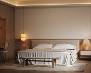 Minimalist Japandi Bedroom Interior Frame Mockups, Wooden Furniture, and Cozy Lighting &ndash; 3D Rendering