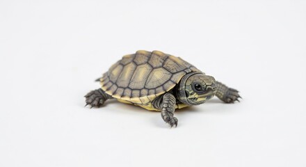 Fototapeta premium 小さな亀 白背景 柔らかな光 愛らしい姿. AI Generated