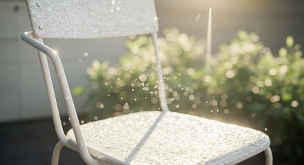 白椅子 陽光降り注ぐ 雨上がり キラキラ輝く水滴. AI Generated