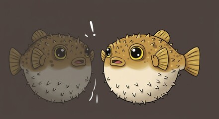 愛らしいハリセンボンが優しく見つめ合う 水彩画風イラスト. AI Generated
