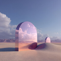 Abstract factasy and realistic mirror in desert, background, futuristic