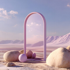 Abstract factasy and realistic mirror in desert, background, futuristic