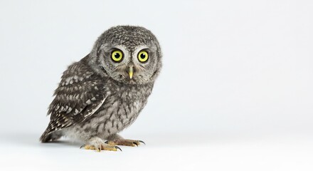 小さなフクロウ 柔らかな光 愛らしい瞳 灰色羽根 静かに見つめる. AI Generated