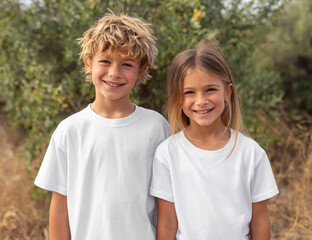 Smiling kids pose outdoors. Siblings, white shirts, happy, childhood. Use for marketing, design, family-themed web.