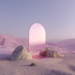 Abstract factasy and realistic mirror in desert, background, futuristic