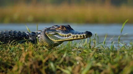 Young alligator resting in tall grass near water.