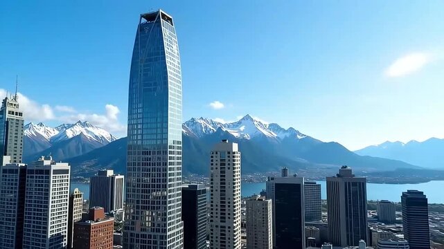 Aerial view of anchorage alaska skyline featuring skyscrapers and snow capped mountains on a sunny day