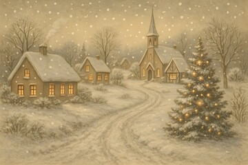 3D Vintage Christmas Village with Snow &ndash; Winter Holiday Landscape Illustration