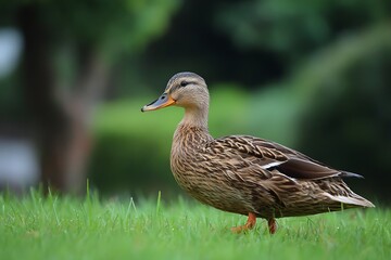 Fototapeta premium Female mallard duck standing gracefully on vibrant green grass field nature scene