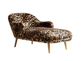 Modern chaise lounge with leopard print upholstery isolated on transparent background