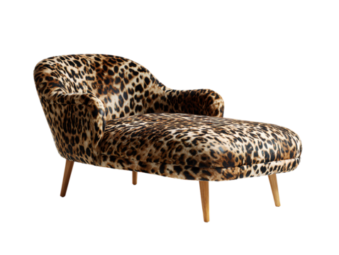 Modern chaise lounge with leopard print upholstery isolated on transparent background
