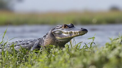Crocodilian rests among wetland grasses.