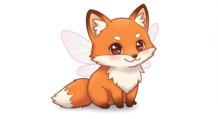 Obraz premium 妖精の翼を持つ可愛い狐 優しい光に包まれて微笑む. AI Generated