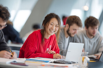 Smiling student studies at desk. Asian woman uses laptop. Education, teamwork, study concept. Web, marketing, design.