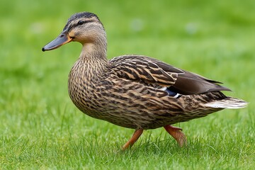 Female mallard duck walking in green grass on a bright day
