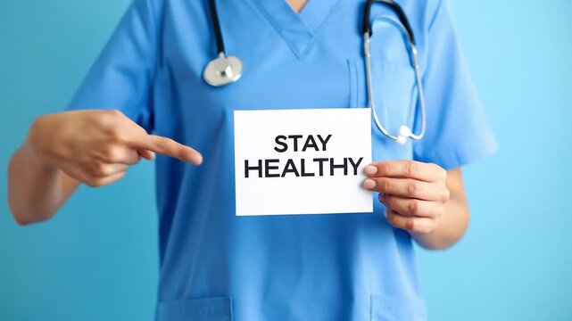 Footage of Nurse holding paper showing the words STAY HEALTHY