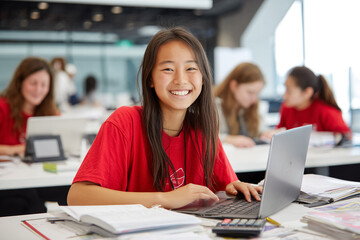 Smiling student uses laptop in a modern classroom. Education, school, technology, youth, marketing.