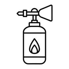 Black outline icon of a fire extinguisher with a flame symbol on a white background safety protection 1