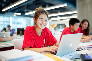 Student works on laptop in modern learning space. Happy girl studies with friends. Education, web design, marketing use.