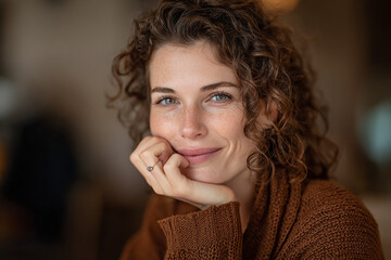 Woman smiles with hand on chin. Portrait shows pensive mood. Curly hair, freckles. Perfect for design, web, or editorial use.