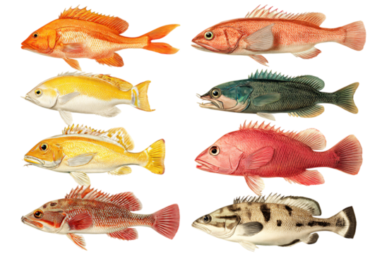 Various types of colorful fish on transparent background