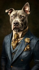 Fashionable portrait of an anthropomorphic pit bull dressed to impress.