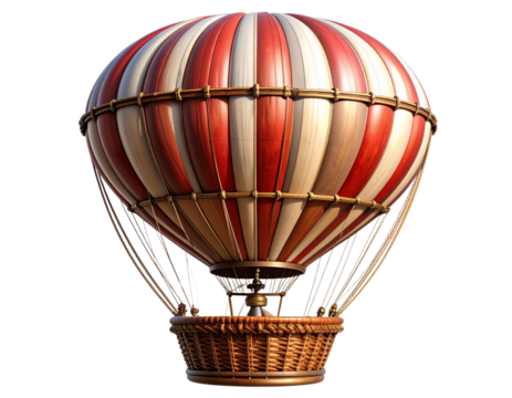 Vintage Red and White Striped Hot Air Balloon with Wicker Basket Isolated on Transparent Background PNG