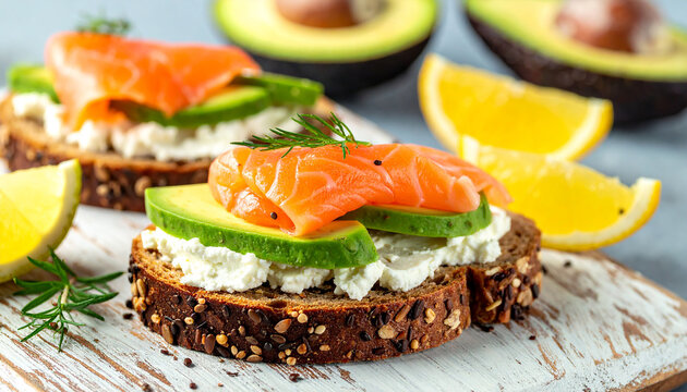 Delicious sandwiches with smoked salmon and avocado on multigrain bread with cream cheese.