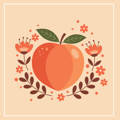 Peach illustration for greeting cards, social media, and prints, featuring floral decorations