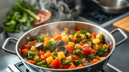 Sizzling vegetable medley in a stainless steel pan, vibrant colors with steam rising in a professional kitchen.