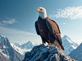 Majestic Bald Eagle Perched on Rocky Mountain Peak with Snowy Background