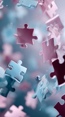 Colorful Puzzle Pieces Falling Gracefully Against a Blurred Backdrop in a Creative Setting.