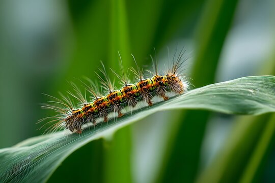 Macro photo of a colorful caterpillar crawling on a vibrant green leaf