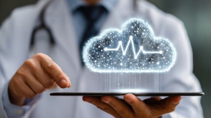 doctor using a tablet to manage electronic health records (EHR) and electronic medical records (EMR) with cloud storage. digital healthcare technology, cloud computing, and medical record management.