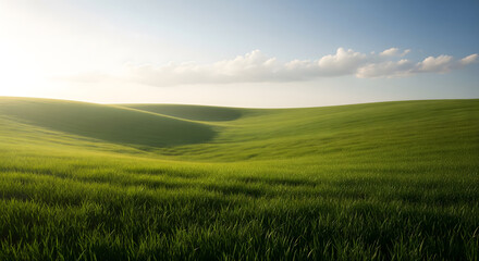 Obraz premium A verdant expanse of rolling green hills stretches under a clear sky with soft clouds, bathed in the warm glow of the sun