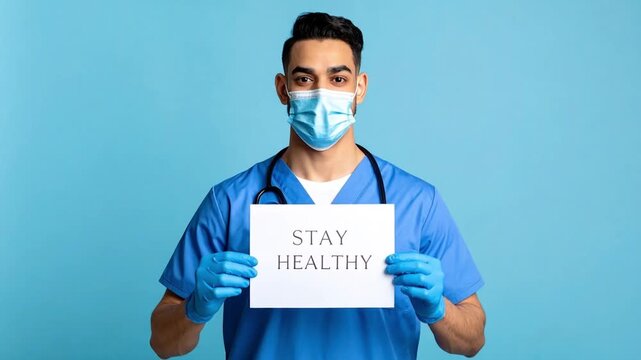 Footage of Nurse holding paper showing the words STAY HEALTHY