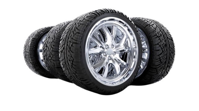 Automotive tires and chrome rims on transparent background