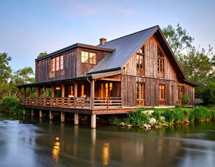 Fototapeta premium Rustic wooden house by a river (1)