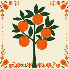 Orange tree with ripe fruits and decorative floral border,  for branding organic products, gardening themes, textiles, kitchen towels, and seasonal decorations 