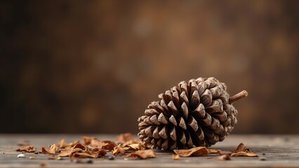 Dried Pine Cone on Rustic Wooden Surface with Scattered Leaves