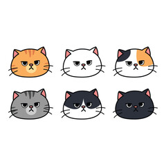 Cute grumpy cat faces collection, vector illustration