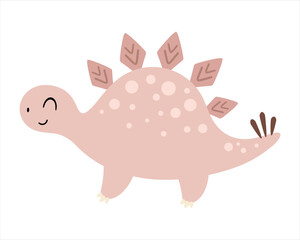 Pink stegosaurus dinosaur clipart, cute isolated cartoon character in hand drawn vector style.