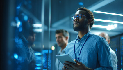 IT Technician inspects server room.  Man holds tablet. Use for web, marketing, or design about technology, cloud computing, and cybersecurity.